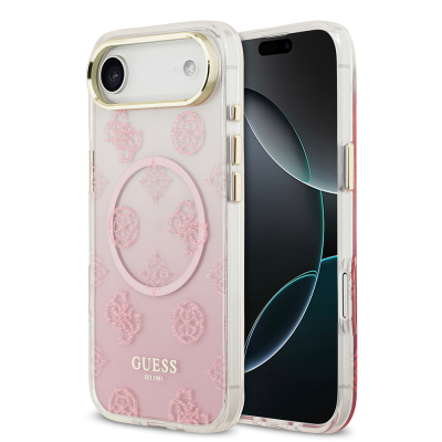 Apple iPhone 17 Air Case Guess Original Licensed M-Safe Charging Feature Glittery Peony Patterned Silicone Cover Pink
