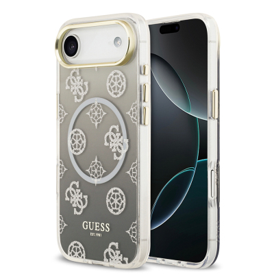 Apple iPhone 17 Air Case Guess Original Licensed M-Safe Charging Feature Glittery Peony Patterned Silicone Cover Black