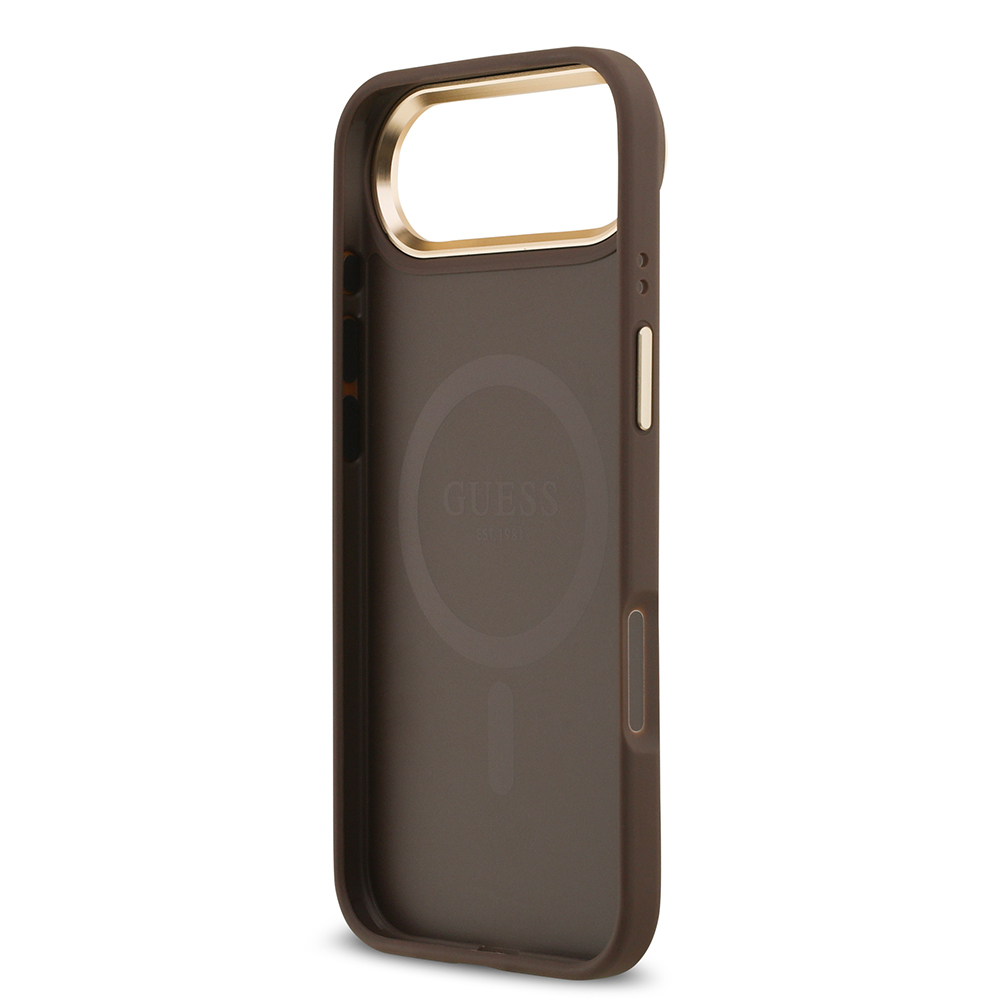 Apple iPhone 17 Air Case Guess Original Licensed M-safe Charging Feature Gold Metal Camera Frame PU Leather 4G Patterned Text Logo Cover - 8
