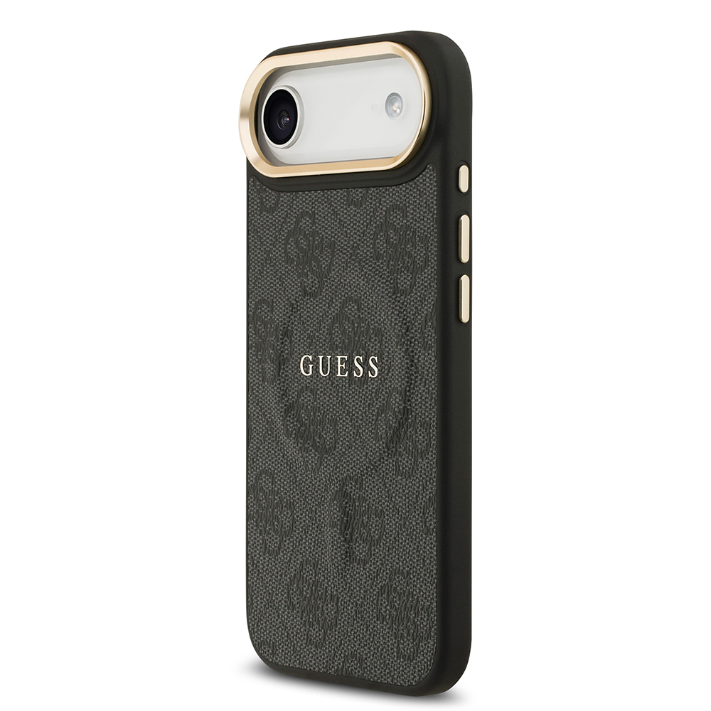 Apple iPhone 17 Air Case Guess Original Licensed M-safe Charging Feature Gold Metal Camera Frame PU Leather 4G Patterned Text Logo Cover - 11