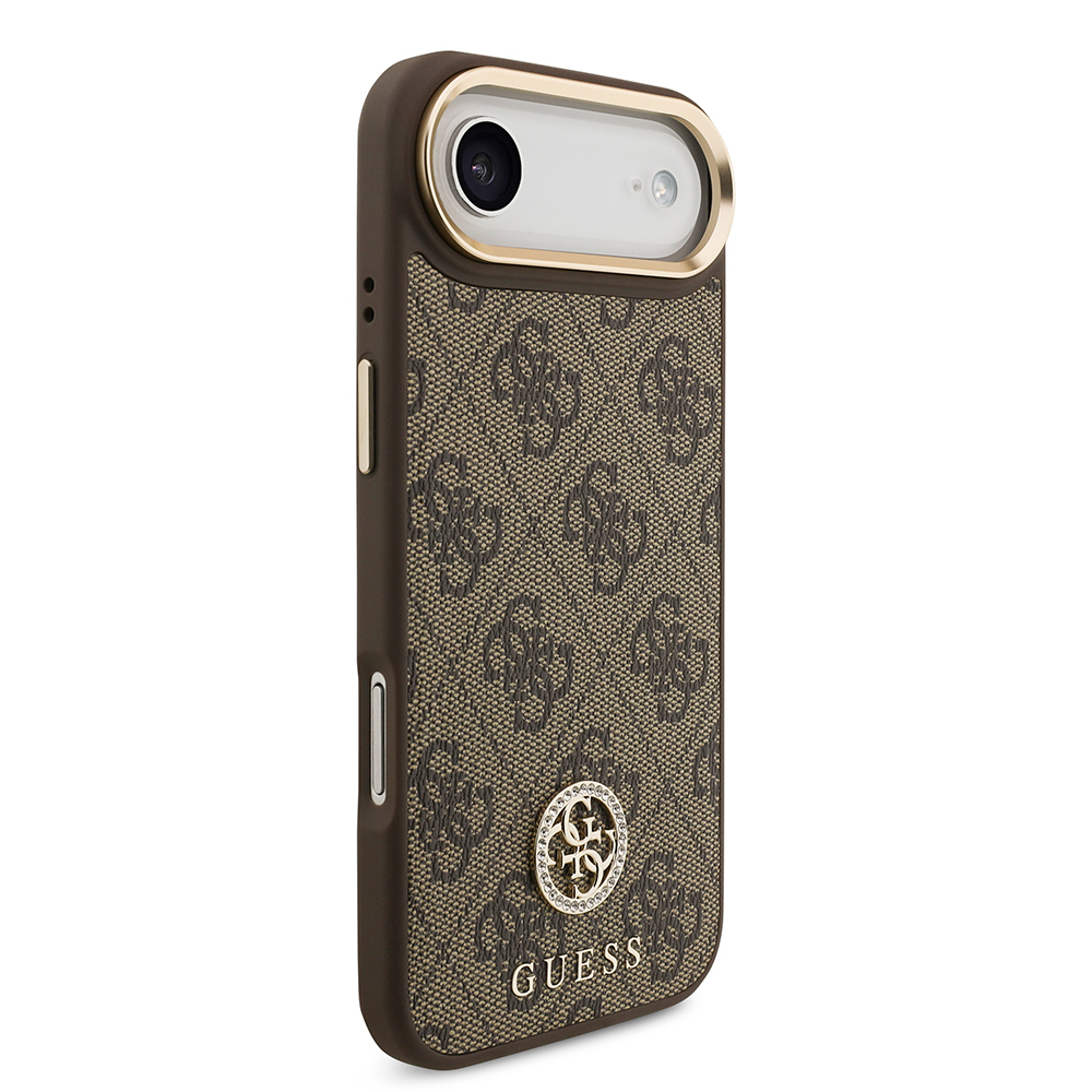 Apple iPhone 17 Air Case Guess Original Licensed M-safe Charging Feature Gold Metal Camera Frame Stone 4G Logo Cover - 5