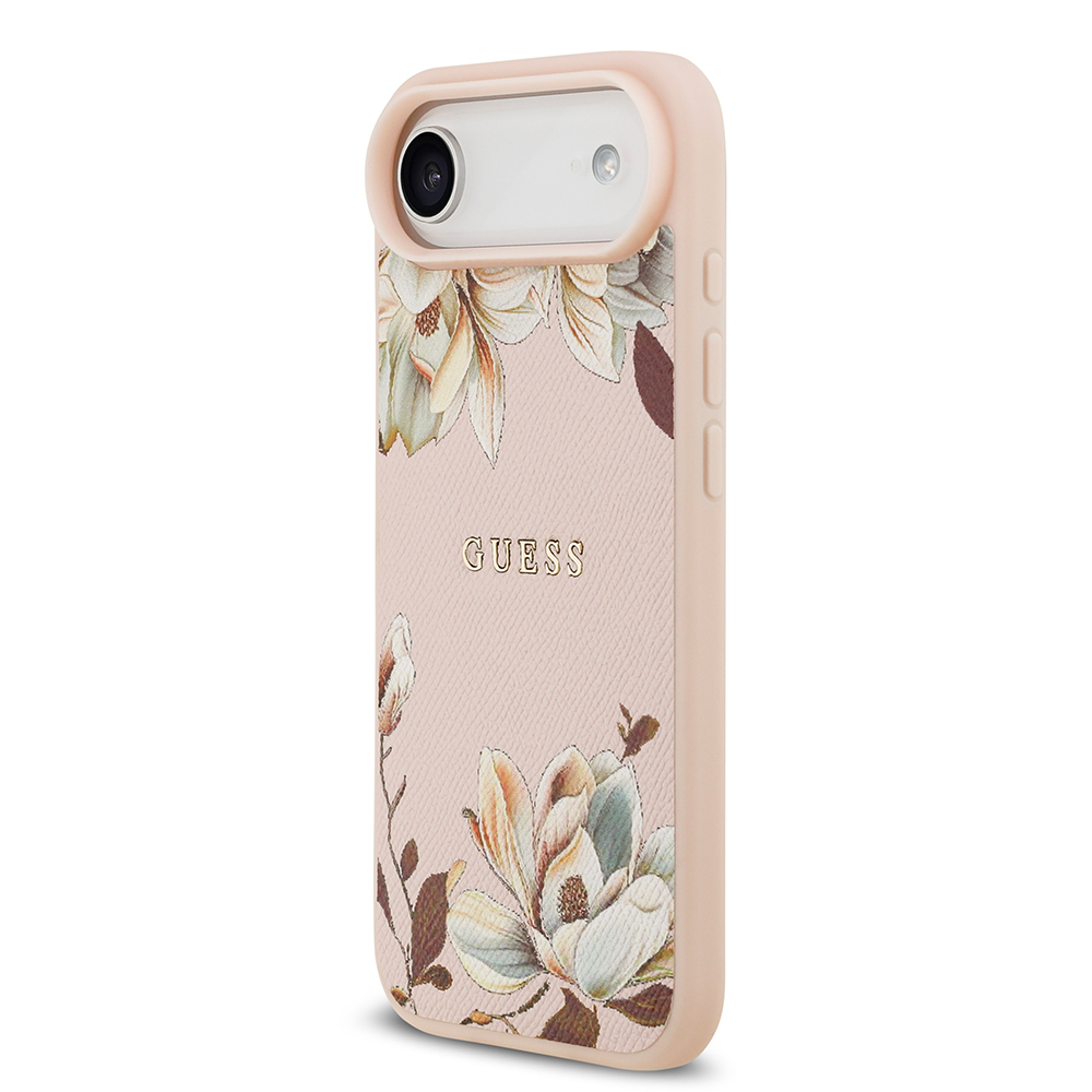 Apple iPhone 17 Air Case Guess Original Licensed M-Safe Charging Feature Grained Flower Design Metal Lettering Logo Cover - 4