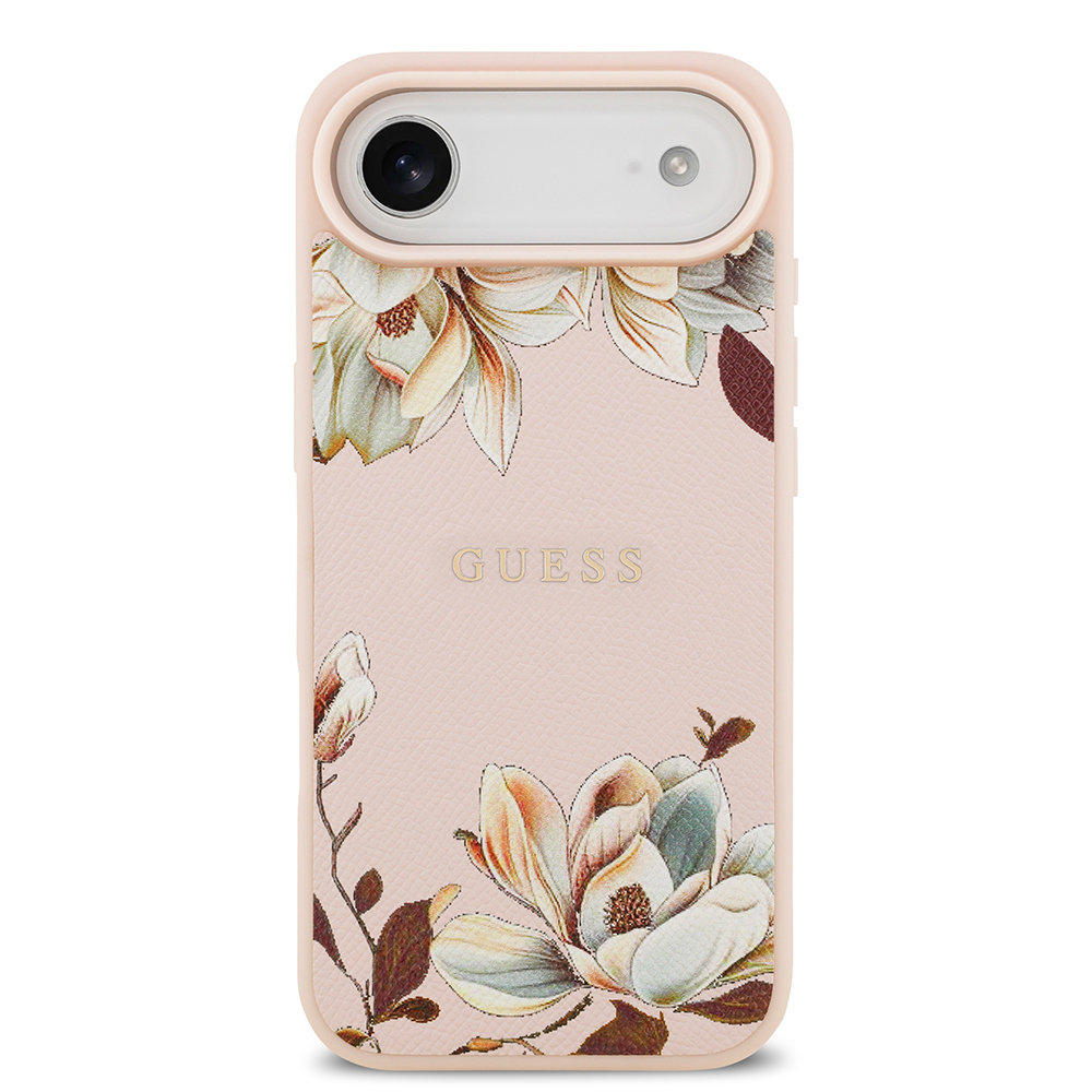 Apple iPhone 17 Air Case Guess Original Licensed M-Safe Charging Feature Grained Flower Design Metal Lettering Logo Cover - 5