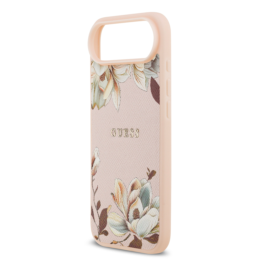 Apple iPhone 17 Air Case Guess Original Licensed M-Safe Charging Feature Grained Flower Design Metal Lettering Logo Cover - 8