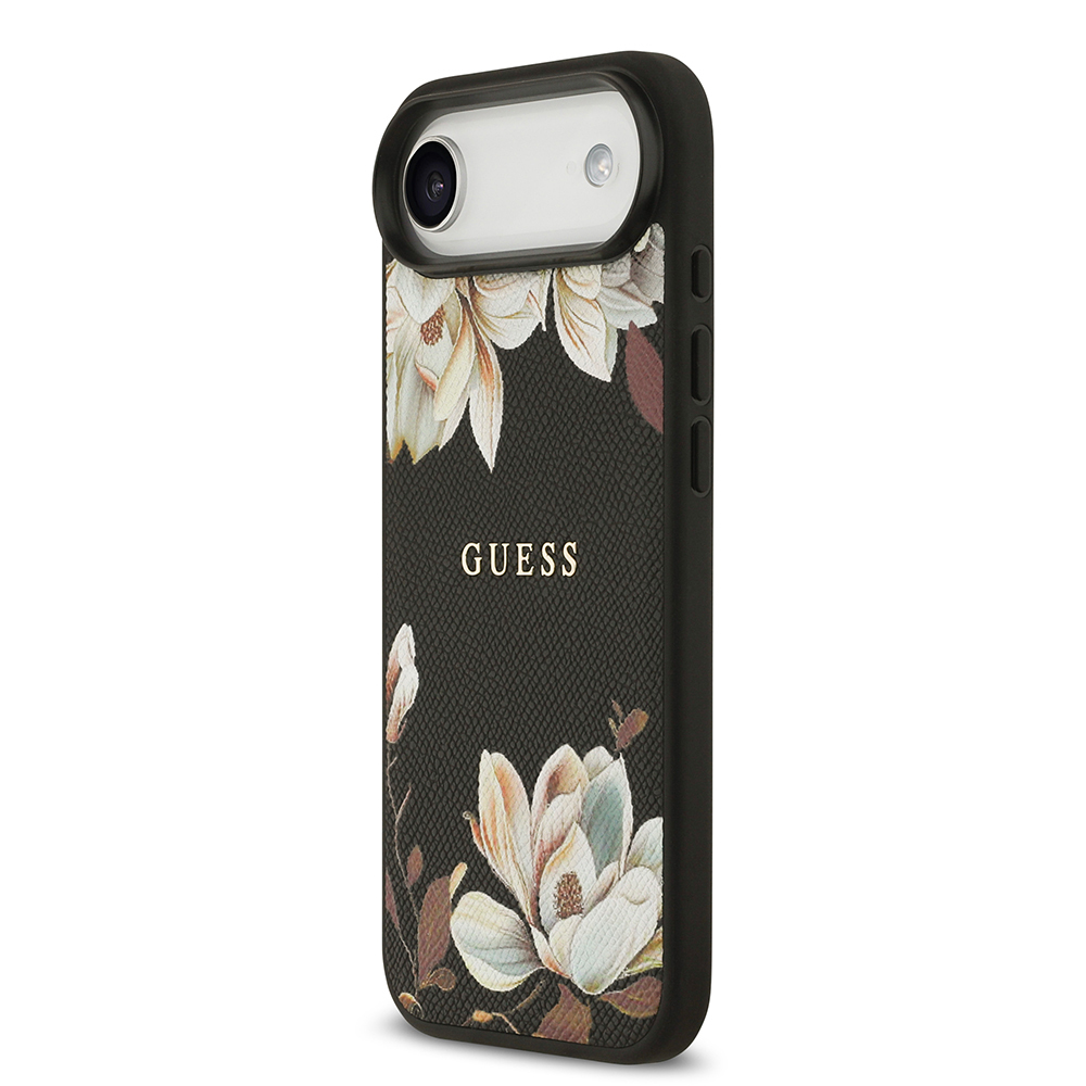 Apple iPhone 17 Air Case Guess Original Licensed M-Safe Charging Feature Grained Flower Design Metal Lettering Logo Cover - 11