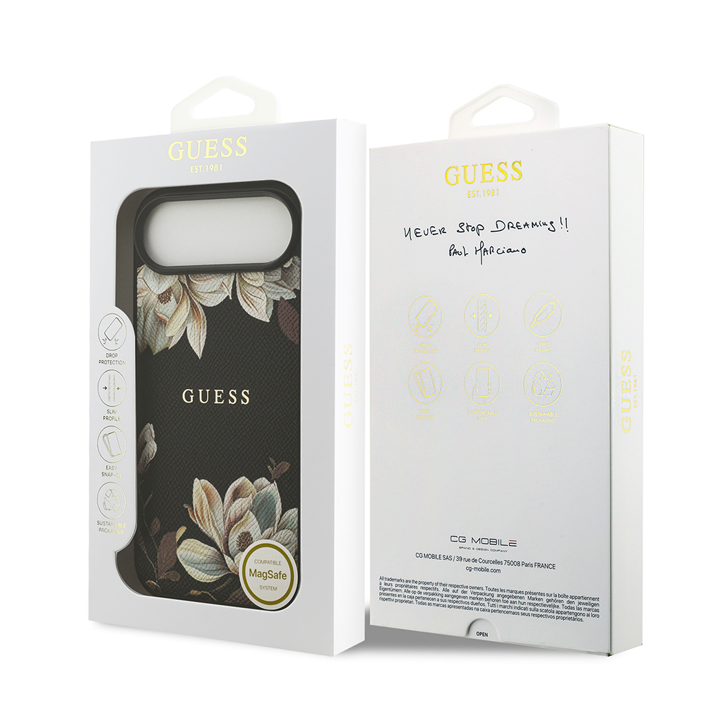 Apple iPhone 17 Air Case Guess Original Licensed M-Safe Charging Feature Grained Flower Design Metal Lettering Logo Cover - 17