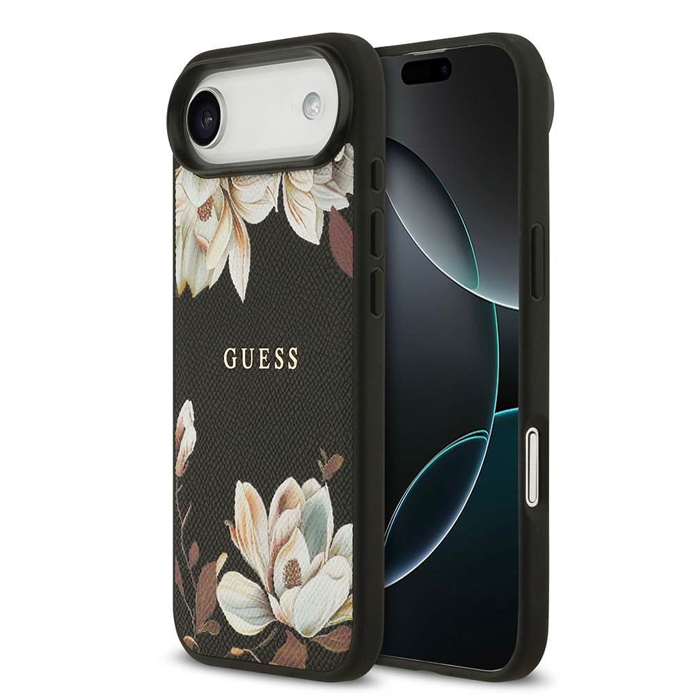Apple iPhone 17 Air Case Guess Original Licensed M-Safe Charging Feature Grained Flower Design Metal Lettering Logo Cover - 3