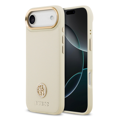 Apple iPhone 17 Air Case Guess Original Licensed M-Safe Charging Feature Grained Text and Stone 4G Logo Cover Bej
