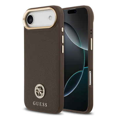 Apple iPhone 17 Air Case Guess Original Licensed M-Safe Charging Feature Grained Text and Stone 4G Logo Cover Brown