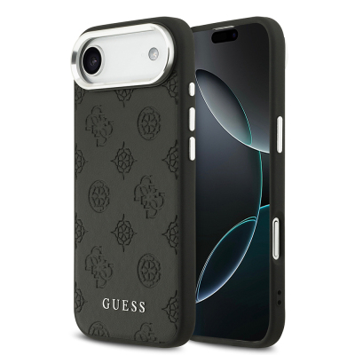 Apple iPhone 17 Air Case Guess Original Licensed M-Safe Charging Feature Hot Printed Classic Text Logo PU Leather Peony Cover Black