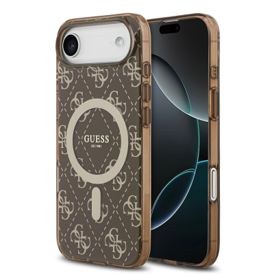 Apple iPhone 17 Air Case Guess Original Licensed M-Safe Charging Feature IML Printed Classic Logo 4G Patterned Cover Brown