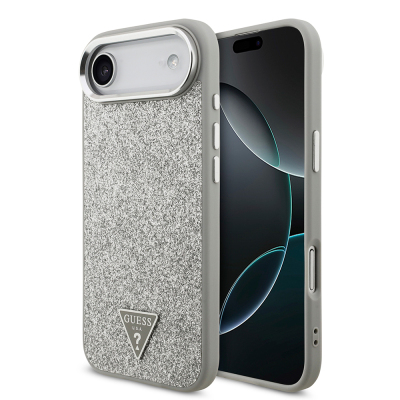Apple iPhone 17 Air Case Guess Original Licensed M-Safe Charging Feature Metal Camera Frame Triangle Logo Glitter Cover Grey