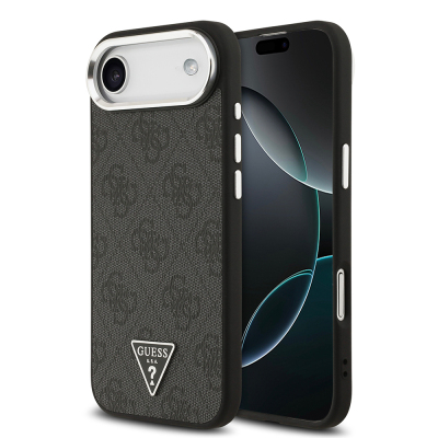 Apple iPhone 17 Air Case Guess Original Licensed M-safe Charging Feature Silver Metal Camera Frame Triangle Logo 4G Patterned Cover Black