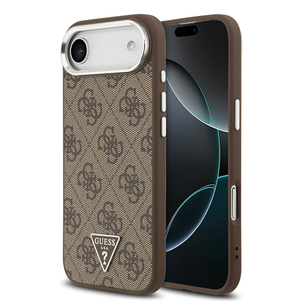 Apple iPhone 17 Air Case Guess Original Licensed M-safe Charging Feature Silver Metal Camera Frame Triangle Logo 4G Patterned Cover - 3