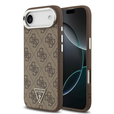 Apple iPhone 17 Air Case Guess Original Licensed M-safe Charging Feature Silver Metal Camera Frame Triangle Logo 4G Patterned Cover Brown