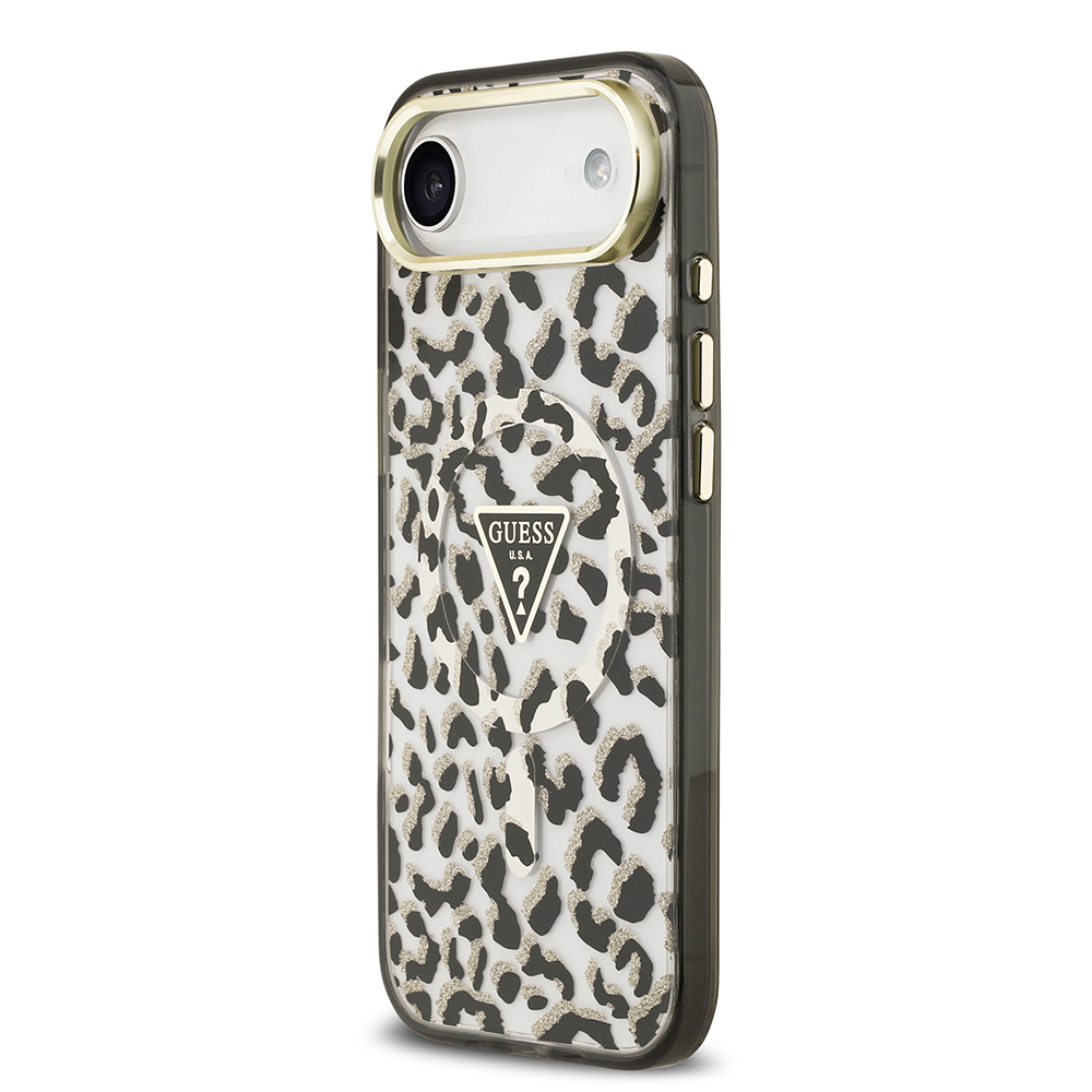 Apple iPhone 17 Air Case Guess Original Licensed M-Safe Charging Feature Triangle Logo Glitter Leopard Pattern Cover - 10