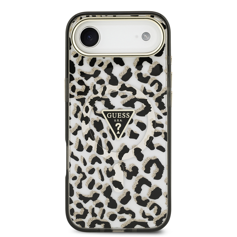 Apple iPhone 17 Air Case Guess Original Licensed M-Safe Charging Feature Triangle Logo Glitter Leopard Pattern Cover - 11