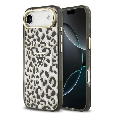 Apple iPhone 17 Air Case Guess Original Licensed M-Safe Charging Feature Triangle Logo Glitter Leopard Pattern Cover Black