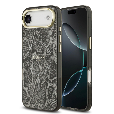Apple iPhone 17 Air Case Guess Original Licensed M-safe Charging Featured Python Patterned Cover with Text Logo Black
