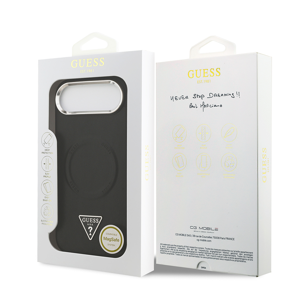 Apple iPhone 17 Air Case Guess Original Licensed M-safe Charging Function PU Leather Metal Camera Frame Triangle Logo Cover - 9