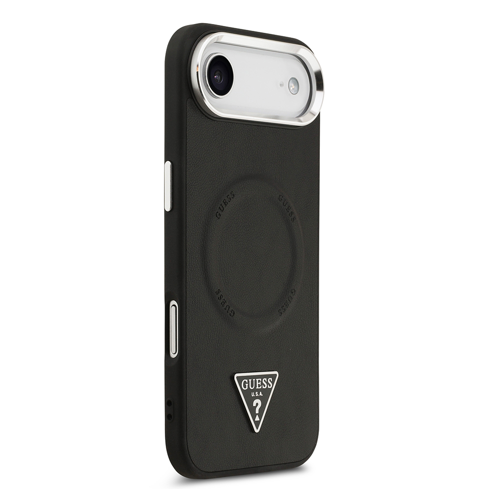 Apple iPhone 17 Air Case Guess Original Licensed M-safe Charging Function PU Leather Metal Camera Frame Triangle Logo Cover - 5