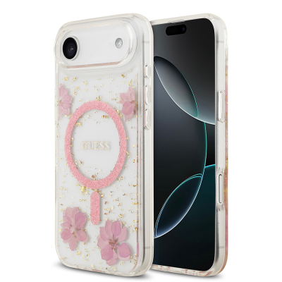 Apple iPhone 17 Air Case Guess Original Licensed M-safe Charging Transparent Resin Flowers Cover Pink