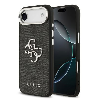 Apple iPhone 17 Air Case Guess Original Licensed Silver Metal Camera Frame 4G Patterned Metal Big 4G and Text Logo Cover Black