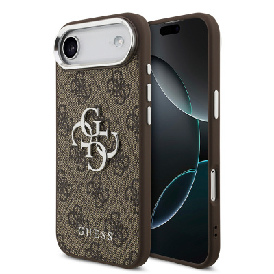 Apple iPhone 17 Air Case Guess Original Licensed Silver Metal Camera Frame 4G Patterned Metal Big 4G and Text Logo Cover Brown