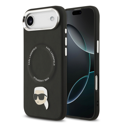 Apple iPhone 17 Air Case Karl Lagerfeld Original Licensed M-Safe Charging Feature Metal Camera and Button Design Karl PU Leather Cover Black