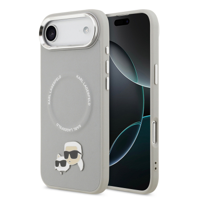 Apple iPhone 17 Air Case Karl Lagerfeld Original Licensed M-Safe Charging Feature Metal Camera and Button Design K&C PU Leather Cover Grey