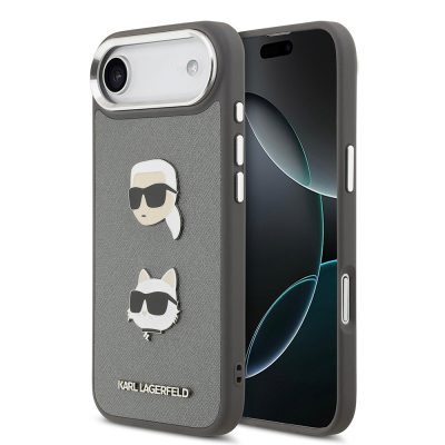 Apple iPhone 17 Air Case Karl Lagerfeld Original Licensed Metal Logo K&C Heads Pin Cover Grey