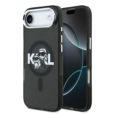Apple iPhone 17 Air Case Karl Lagerfeld Original Licensed Shining Glittery Karl & Choupette Sketch Logo Cover Black