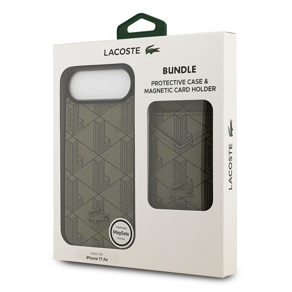 Apple iPhone 17 Air Case Lacoste Original Licensed M-Safe Charging Feature PU Leather Design Card Holder Mixed Monogram Pattern Cover - 22