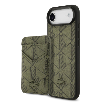 Apple iPhone 17 Air Case Lacoste Original Licensed M-Safe Charging Feature PU Leather Design Card Holder Mixed Monogram Pattern Cover Green