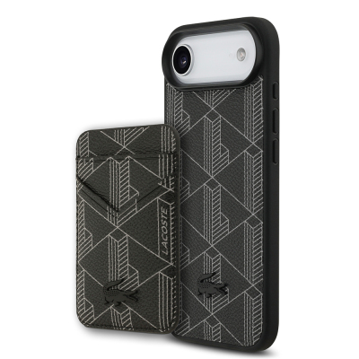 Apple iPhone 17 Air Case Lacoste Original Licensed M-Safe Charging Feature PU Leather Design Card Holder Mixed Monogram Pattern Cover Black