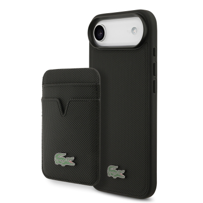 Apple iPhone 17 Air Case Lacoste Original Licensed M-Safe Charging Feature PU Pique Pattern Metal Logo Card Holder Cover Black