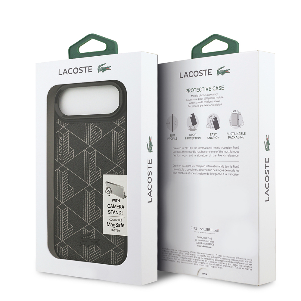Apple iPhone 17 Air Case Lacoste Original Licensed M-safe Charging Stand PU Leather Mixed Monogram Pattern Cover - 9