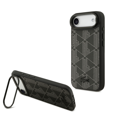 Apple iPhone 17 Air Case Lacoste Original Licensed M-safe Charging Stand PU Leather Mixed Monogram Pattern Cover Black