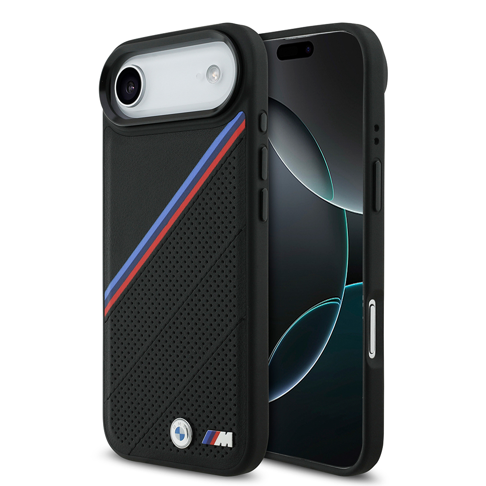 Apple iPhone 17 Air Kılıf BMW Orjinal Lisanslı M-safe Şarj Özellikli M Logolu Üç Şeritli Delikli Deri Kapak - 1