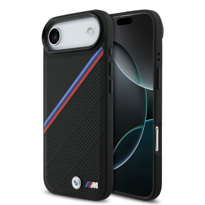 Apple iPhone 17 Air Kılıf BMW Orjinal Lisanslı M-safe Şarj Özellikli M Logolu Üç Şeritli Delikli Deri Kapak Siyah
