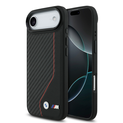 Apple iPhone 17 Air Kılıf BMW Orjinal Lisanslı M-safe Şarj Özellikli Metal BMW ve M Logolu PU Karbon Tasarımlı Kapak Kırmızı