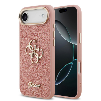 Apple iPhone 17 Air Kılıf Guess Orjinal Lisanslı 4G Büyük Metal Kamera Çerçeveli ve Logolu Glitter Kapak Pembe