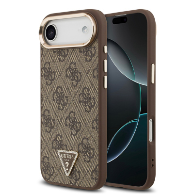 Apple iPhone 17 Air Kılıf Guess Orjinal Lisanslı Gold Metal Kamera Çerçeveli Taşlı Üçgen Logo 4G Desenli Kapak Kahverengi