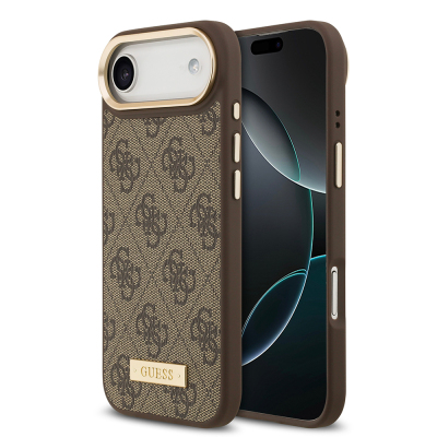 Apple iPhone 17 Air Kılıf Guess Orjinal Lisanslı M-safe Şarj Özellikli 4G Desenli PU Metal Plaka Klasik Logolu Kapak Kahverengi