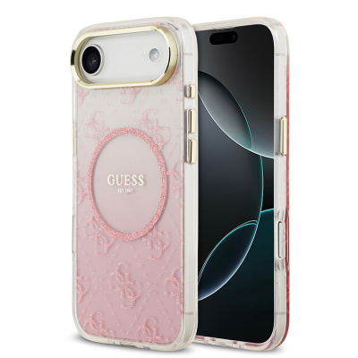 Apple iPhone 17 Air Kılıf Guess Orjinal Lisanslı M-safe Şarj Özellikli 4G Desenli Simli Silikon Kapak Pembe