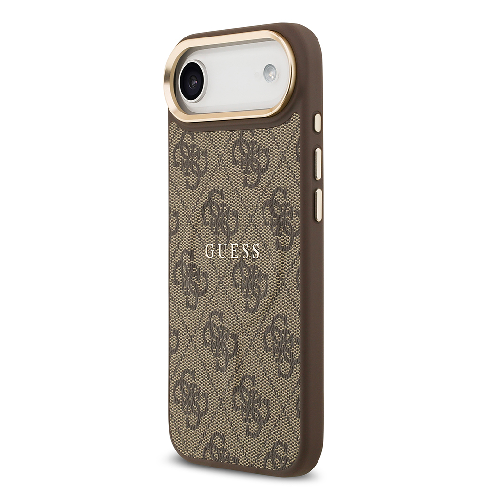 Apple iPhone 17 Air Kılıf Guess Orjinal Lisanslı M-safe Şarj Özellikli Gold Metal Kamera Çerçeveli PU Deri 4G Desenli Yazı Logolu Kapak - 9