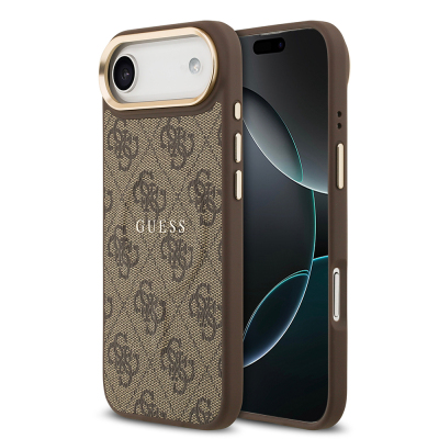 Apple iPhone 17 Air Kılıf Guess Orjinal Lisanslı M-safe Şarj Özellikli Gold Metal Kamera Çerçeveli PU Deri 4G Desenli Yazı Logolu Kapak Kahverengi
