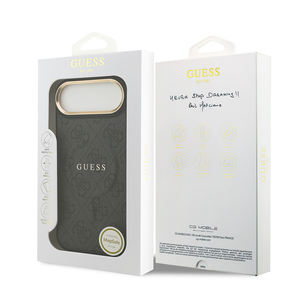 Apple iPhone 17 Air Kılıf Guess Orjinal Lisanslı M-safe Şarj Özellikli Gold Metal Kamera Çerçeveli PU Deri 4G Desenli Yazı Logolu Kapak - 24