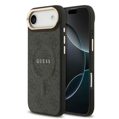 Apple iPhone 17 Air Kılıf Guess Orjinal Lisanslı M-safe Şarj Özellikli Gold Metal Kamera Çerçeveli PU Deri 4G Desenli Yazı Logolu Kapak Siyah