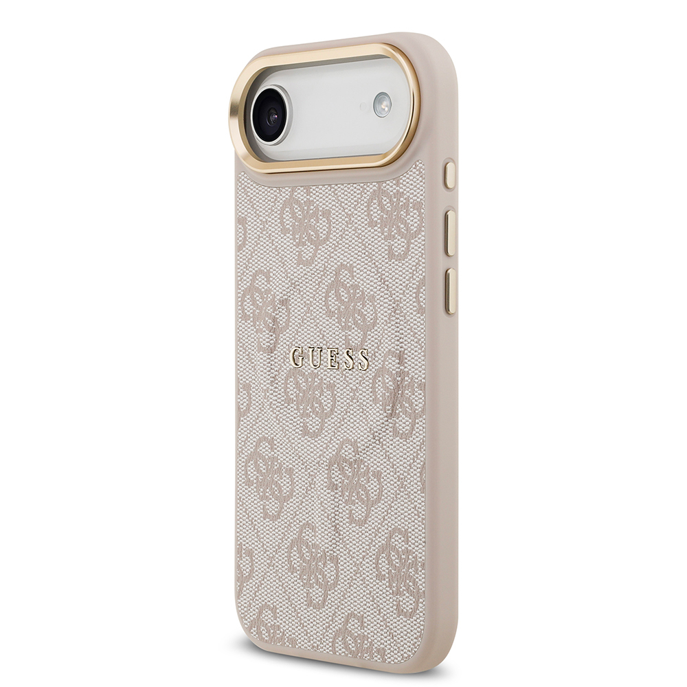 Apple iPhone 17 Air Kılıf Guess Orjinal Lisanslı M-safe Şarj Özellikli Gold Metal Kamera Çerçeveli PU Deri 4G Desenli Yazı Logolu Kapak - 17